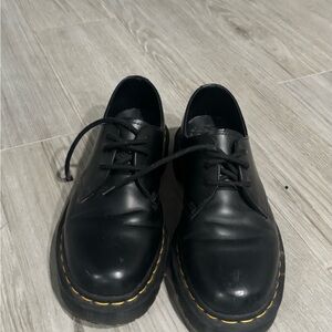 Dr. Martens Black Leather Oxfords with Yellow Stitching